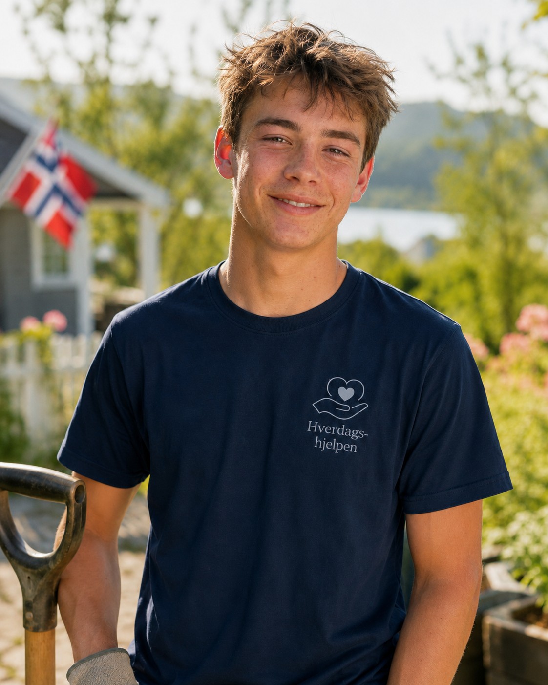 Smilende ung medarbeider i navy Hverdagshjelpen-t-skjorte med spade, norsk flagg i bakgrunnen